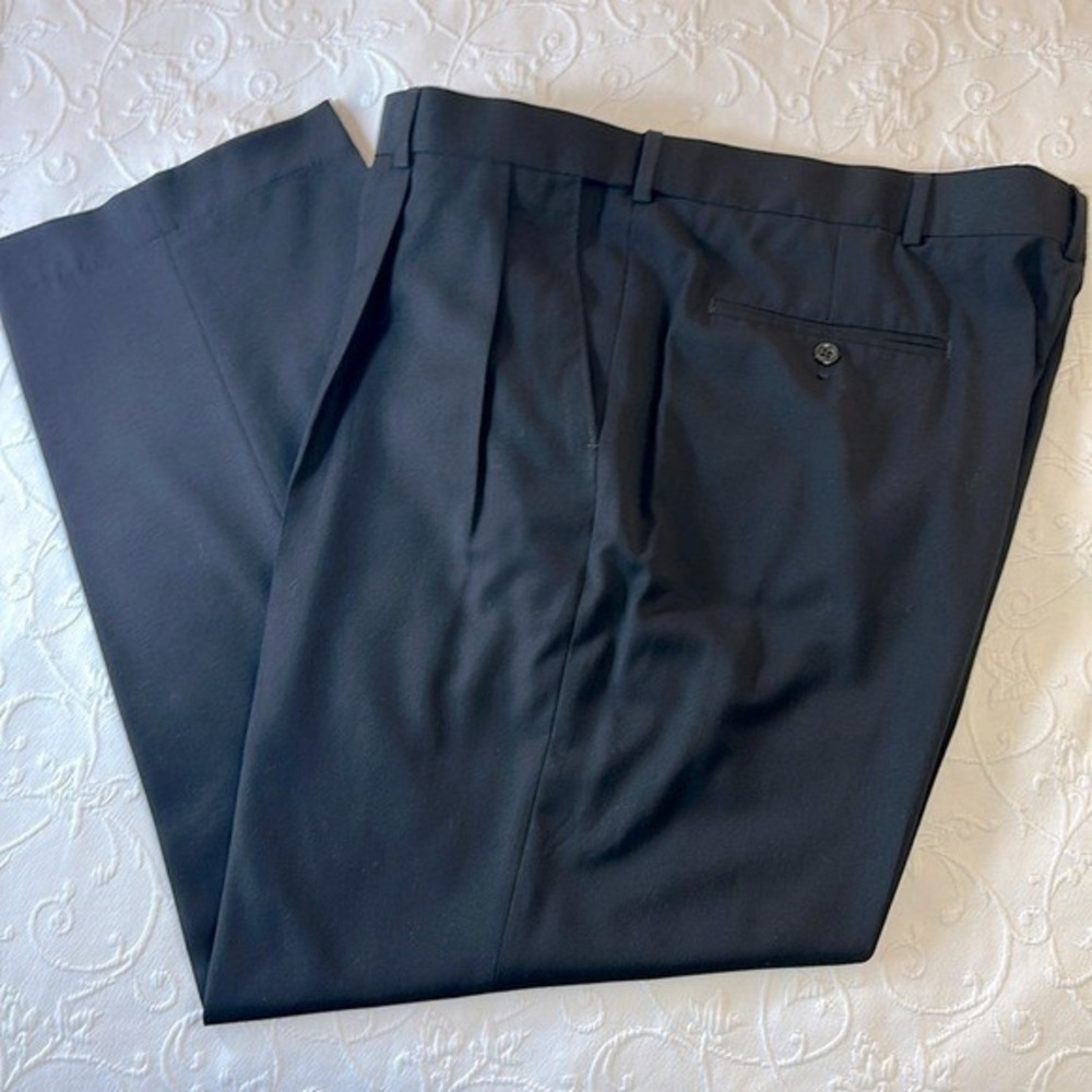 Lands End‎ Mens Size 42 Navy Pleated Dress Pants Traditional Wool Blend Trousers